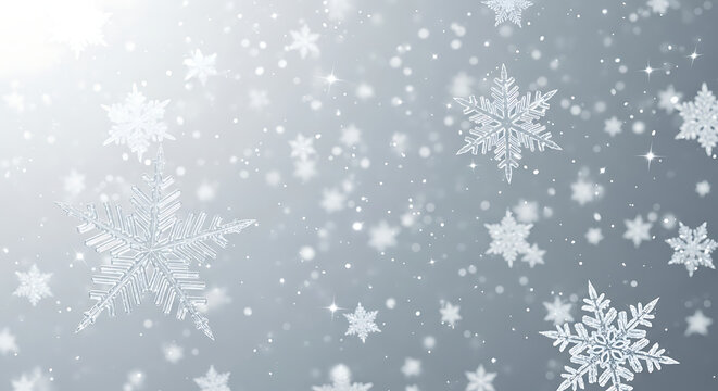 Falling snowflakes on a soft gray background with subtle light effects
