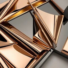 Reflective gold and chrome metallic fragments arranged in layered geometric modern industrial abstract composition