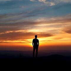 Fototapeta premium A lone man stands on a hilltop, silhouetted against a vibrant sunset. The sky glows with deep orange, yellow, and soft blue hues as the sun slowly sinks toward the horizon.