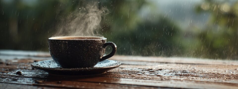 Steaming Cup of Coffee on Outdoor Table with Rain and Soft Background Blur