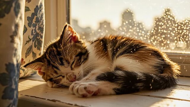 Calico Cat Sleeping Peacefully on a Sunlit Windowsill.