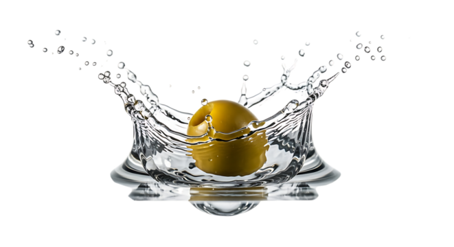 A captivating image showcasing an olive suspended in midair, creating a dynamic splash of water against an isolated on transparent background, capturing the essence of freshness and natural purity