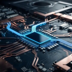 High-detail futuristic processor glowing with electric blue circuitry across metallic surface and hardware textures