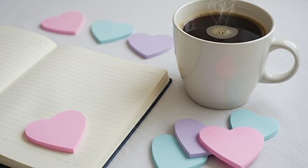 Steaming Coffee Cup with Pastel Heart Notes on Notebook in Bright Light