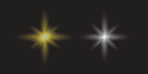 Two glowing starburst light effects one yellow one white on black background flare bokeh