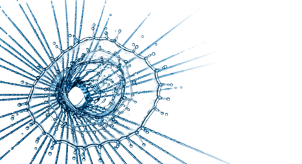 A mesmerizing pattern of shattered glass radiates outward, creating a spiderweb of cracks and fractures isolated on transparent background, capturing the fragility and destructive beauty of impact