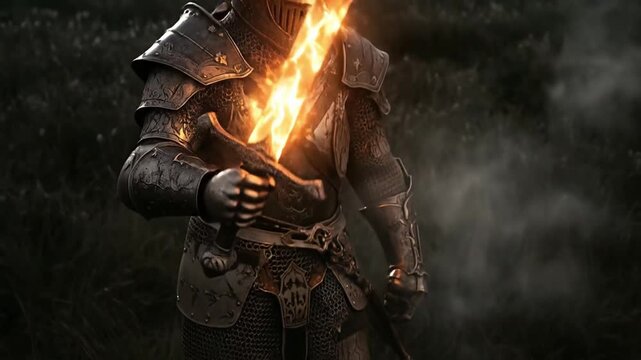 Mysterious Armored Warrior Holding a Blazing Sword in a Dark Fantasy Setting, Ready for Battle
