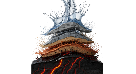 Detailed crosssection of earth layers with water splash, isolated on transparent background, showcasing the geological composition from molten lava to fertile soil, topped with a refreshing burst of w