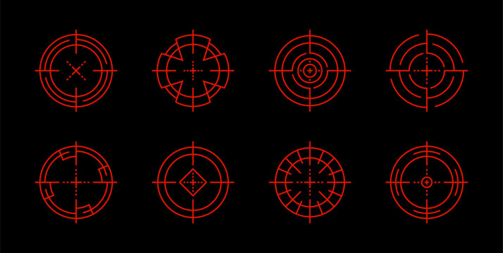 Neon red glowing crosshair vector set. Target aim gun icons with a digital light effect. Shooting reticles laser sights and precisely target symbols for games tech. Isolated vector.