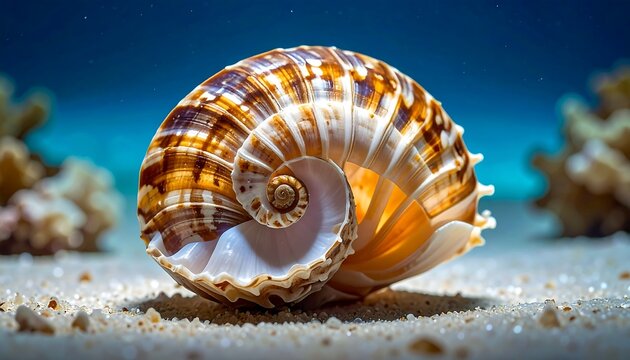 Swirling seashell rests on sandy seabed, softly lit with blue background, emphasizing intricate spiral structure