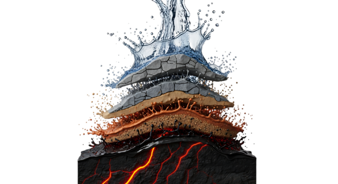 Detailed crosssection of earth layers with water splash, isolated on transparent background, showcasing the geological composition from molten lava to fertile soil, topped with a refreshing burst of w
