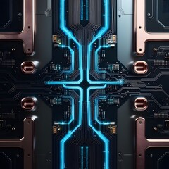 Futuristic circuit board with glowing blue energy pathways forming symmetrical high-tech electronic patterns