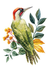 Green Woodpecker with Autumn Leaves Watercolor Illustration, design floral rustic arrangement
