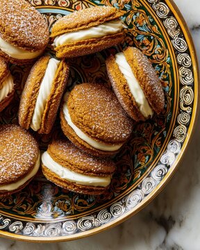 Pumpkin Spice Cookie Bites. Pumpkin Spice Cookie Sandwiches on Marble Surface. 