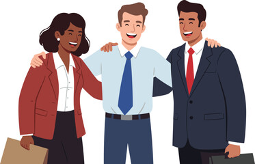 Three confident business professionals standing together with briefcases, showcasing teamwork, unity, and corporate collaboration in office setting