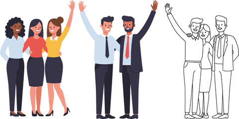 Two diverse office teams celebrating together in business attire, showcasing unity, success, and collaborative workplace culture