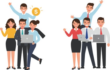 Two successful business teams celebrating achievement and collaboration with laptops and gold coin in professional office setting