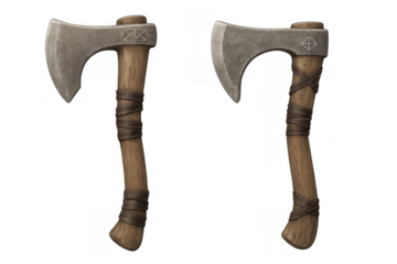 Pair of viking axes with carved norse symbols, ancient hatchets for medieval warfare and fantasy game interface