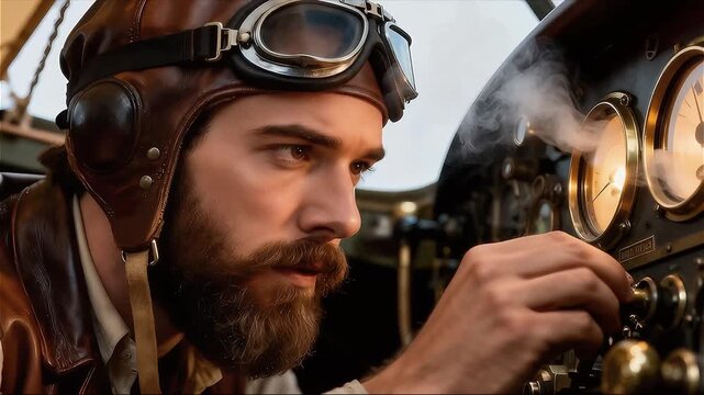 Aviador trabajando en un panel de control que sale humo