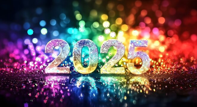 Sparkling 2025 new year celebration with colorful bokeh lights