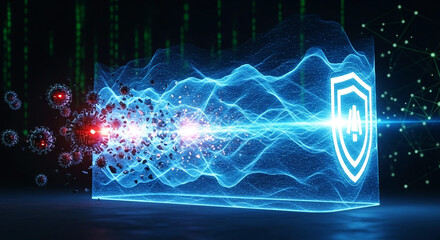 Digital Shield Defends Against Viral Attack in Futuristic Cyber Security Concept