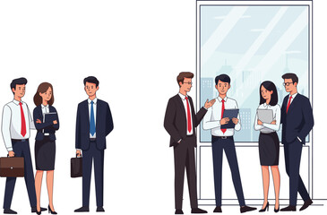 Corporate Professionals Networking and Communicating in Office Environment with City View, Business Interaction and Team Collaboration ConceptCorporate Professionals