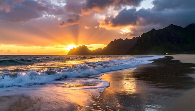 Stunning coastal sunset featuring vibrant golden light over a sandy beach with mountain silhouettes and gentle waves