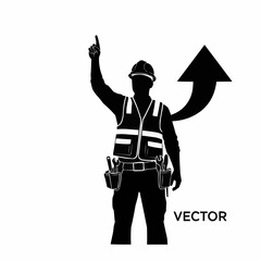 Silhouette of Construction Worker Pointing Upward with Arrow.