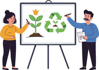 Eco-Friendly Presentation with Characters Explaining Recycling, Sustainable Growth, and Environmental Awareness Using Illustrated Plant and Symbol Graphics
