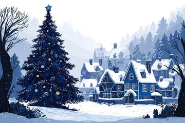 Fototapeta premium Monochrome blue winter village illustration featuring decorated christmas tree and cozy cottage with glowing windows in snowy xmas landscape