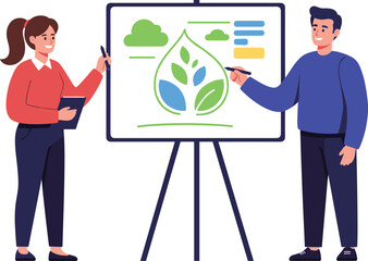 Team Presentation on Environmental Sustainability with Leaf Symbol, Cloud Icons, and Green Initiatives for Eco Awareness Campaign