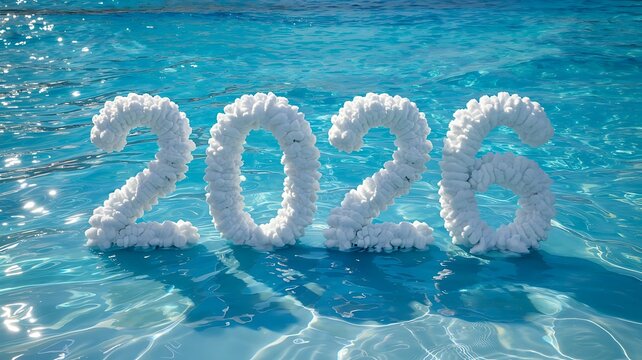 Floating White 3D 2026 Numbers on Turquoise Ocean Surface, Bright Refreshing Summer Concept
