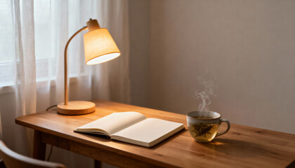 Cozy home office workspace with a lit lamp and a blank notebook. Steaming cup of hot tea on a wooden desk for studying or relaxation