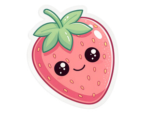 Obraz premium Cute strawberry character sticker, tiny smiling face, pastel colors, glossy finish, thick white border, transparent PNG background