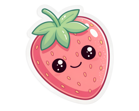Cute strawberry character sticker, tiny smiling face, pastel colors, glossy finish, thick white border, transparent PNG background