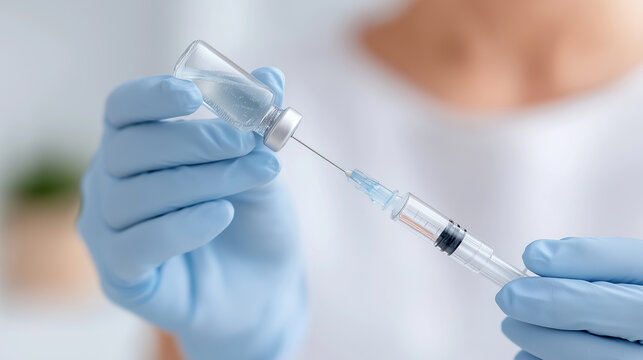 Nurse or doctor drawing liquid from vial into syringe with gloves - Powered by Adobe