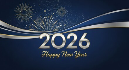 Happy New Year 2026 greeting card with silver text, elegant blue background, wavy ribbons, and festive fireworks.