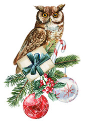 Owl with Gifts and Ornaments Watercolor Illustration bird, forest bird and floral rustic arrangement.