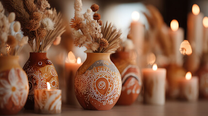 A warm boho-style still life featuring matte ceramic vases adorned with delicate white hand-painted patterns. Each vase is filled with dried botanicals, including pampas grass, rabbittails, and rustic