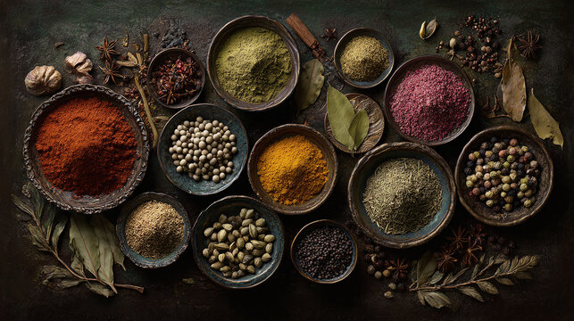 An overhead shot showcasing a diverse array of herbs and spices in ceramic bowls