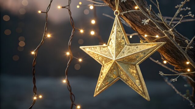 A shimmering golden star ornament hangs prominently amidst a backdrop of soft glowing fairy lights creating a magical festive atmosphere