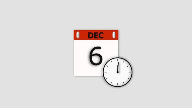 December 6 date animation. Calendar and clock icon animation, on white background. Stunning 4k animation.