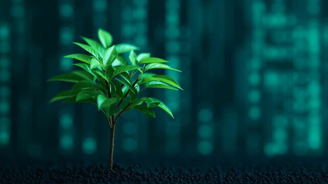 Fintech data visual design, a green plant against a digital backdrop.