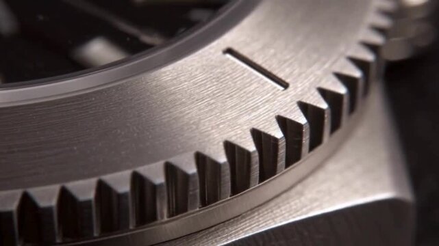 Intricate detail Close up exploration of a brushed steel wristwatch bezel with precision serrations