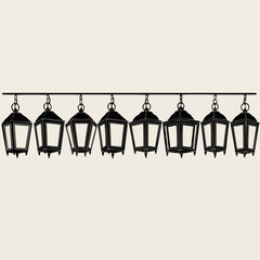 A row of eight vintage black metal lanterns hanging from a horizontal bar.