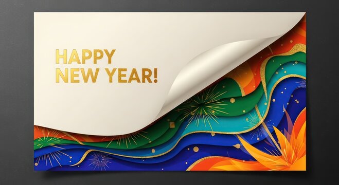 A festive Happy New Year greeting card with a peeled-back corner revealing a vibrant, layered abstract design with golden accents and celebratory bursts.