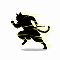 A dynamic silhouette of a samurai cat running with a katana, surrounded by yellow speed lines.