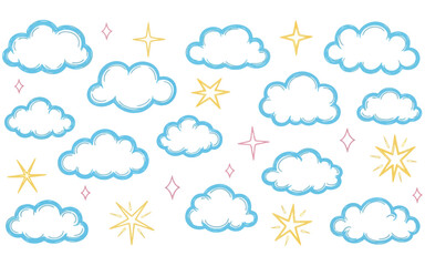 Cute cartoon clouds and stars illustration on white background for kids