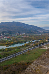 Panoramic view of the Aragvi and Kura rivers confluence and Mtskheta city seen from Jvari monastery © vahanabrahamyan