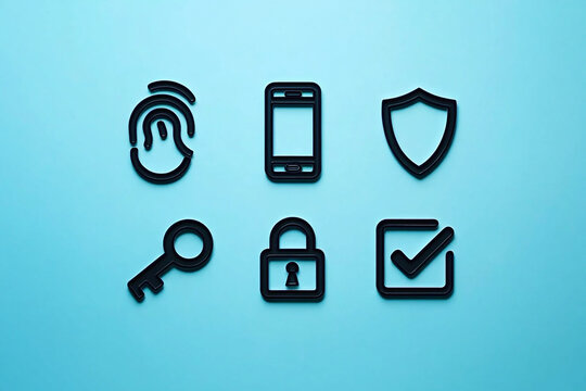 Black security icons fingerprint phone shield key lock checkmark on blue background